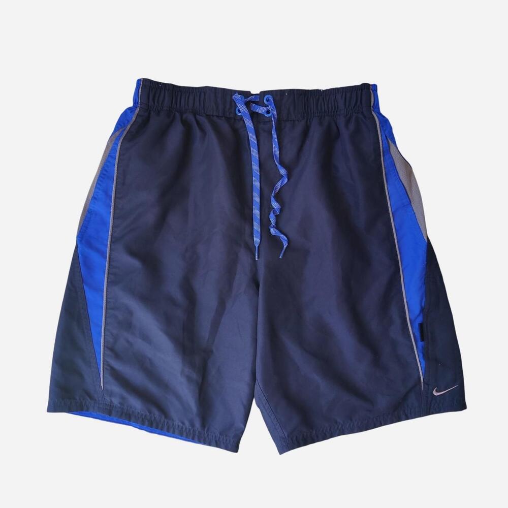 Nike blue and navy swim shorts with gray side panels